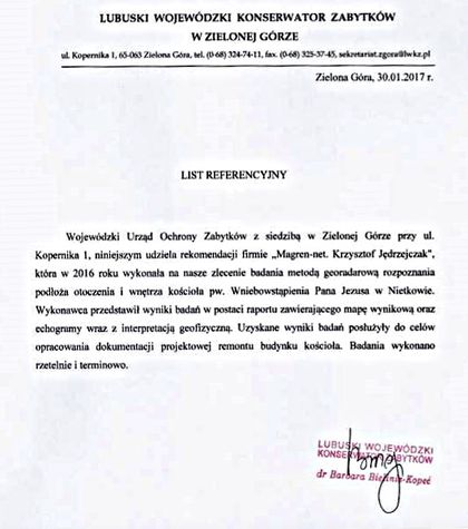 List referencyjny — Lubuski Wojewódzki Konserwator Zabytków w Zielonej Górze, 30 stycznia 2017