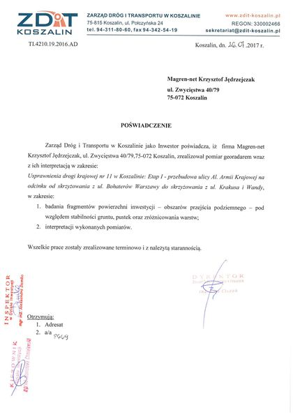 Poświadczenie — Zarząd Dróg i Transportu w Koszalinie, 26 lipca 2017